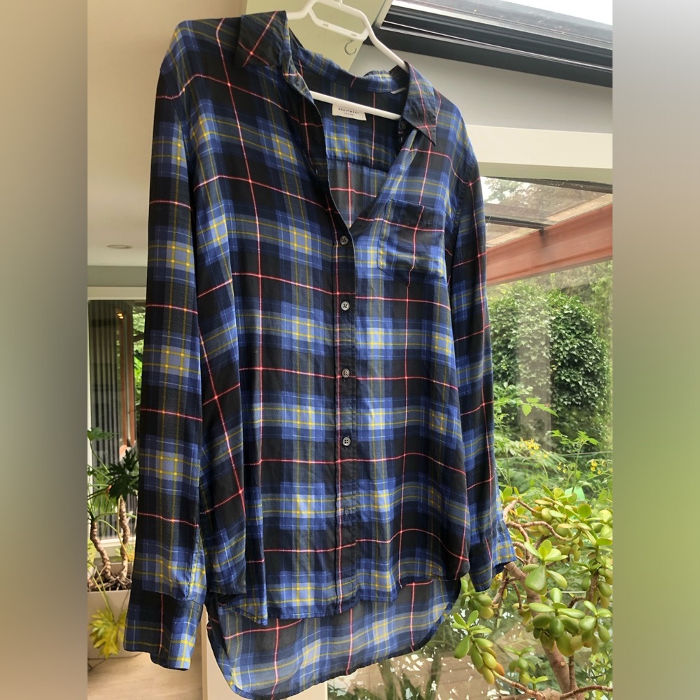 Silk blouse by Equipment. Blue/Black plaid. Size L